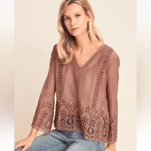 Johnny Was Brown Embroidered Blouse